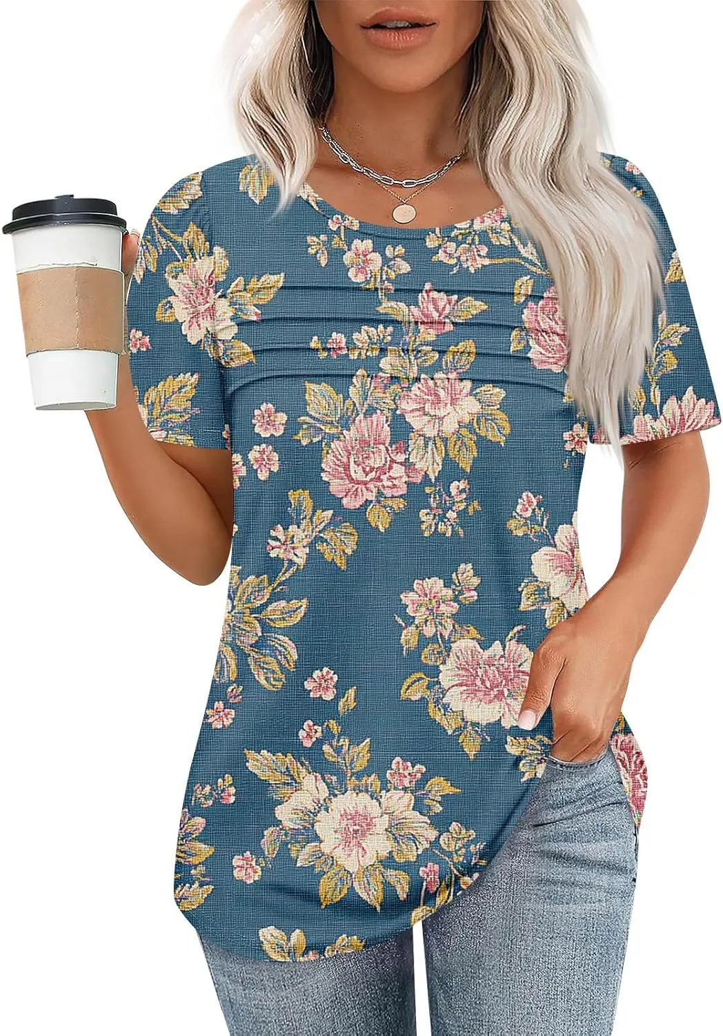 Women Summer Tops Short Sleeve Crewneck Shirts Fashion Pleated Floral Print Blouses Curved Hem Tee 2025