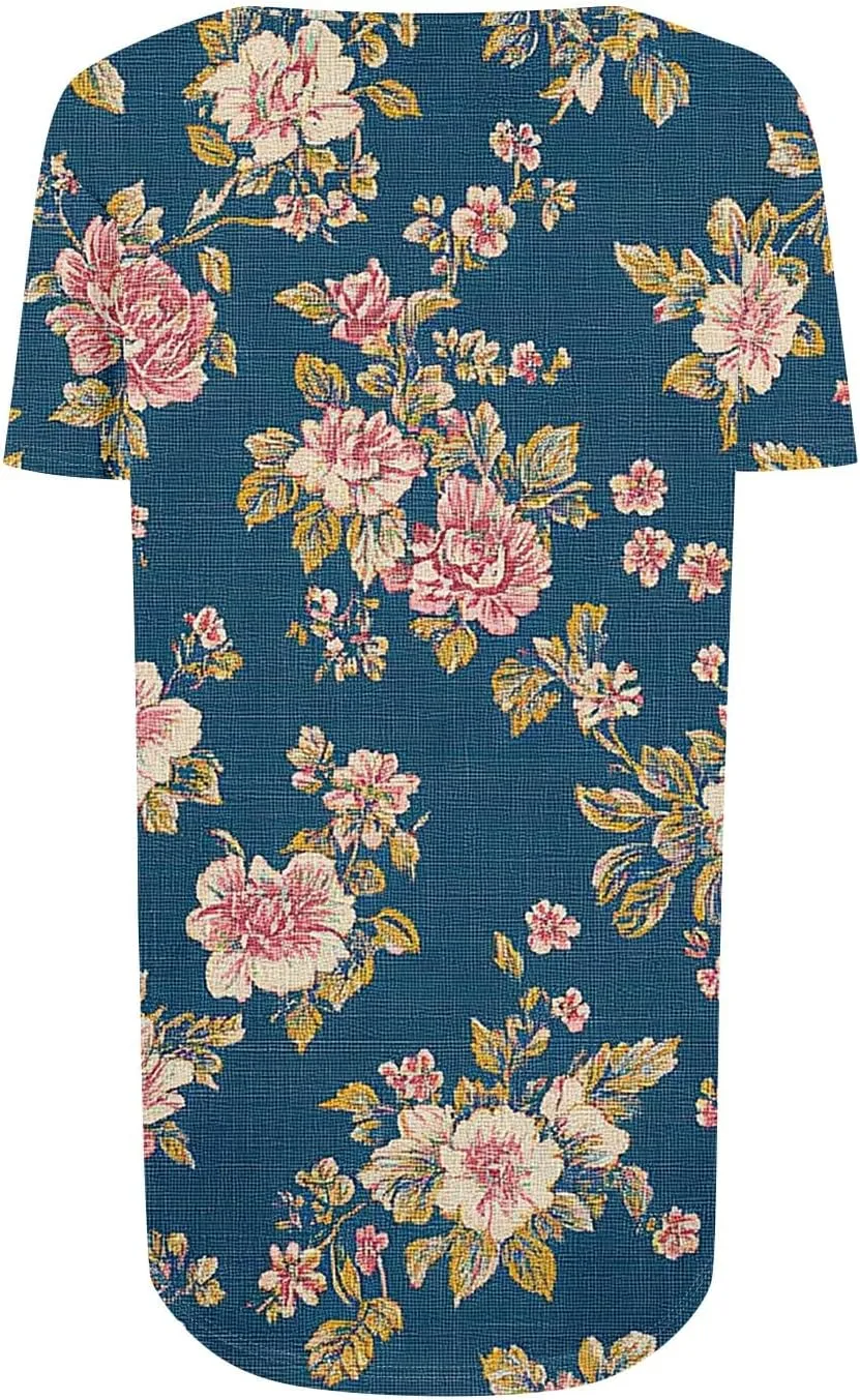 Women Summer Tops Short Sleeve Crewneck Shirts Fashion Pleated Floral Print Blouses Curved Hem Tee 2025