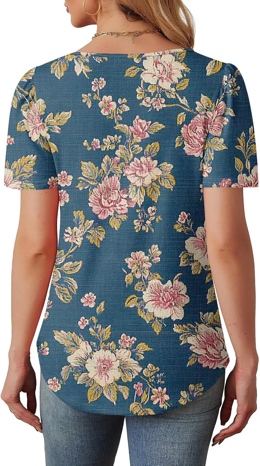 Women Summer Tops Short Sleeve Crewneck Shirts Fashion Pleated Floral Print Blouses Curved Hem Tee 2025