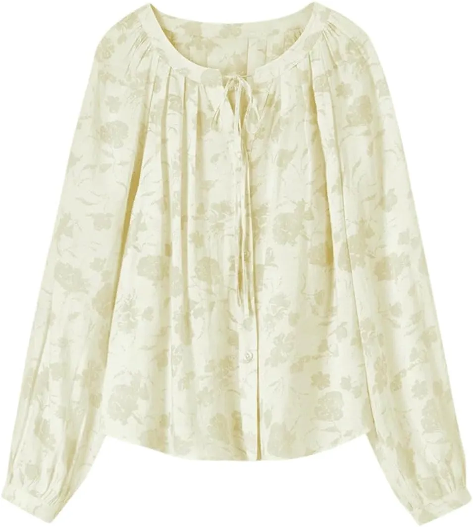 Women Tied Neck Blouse Elegant Lantern Long Sleeve Pullover Tops Crewneck Print Blouse Top