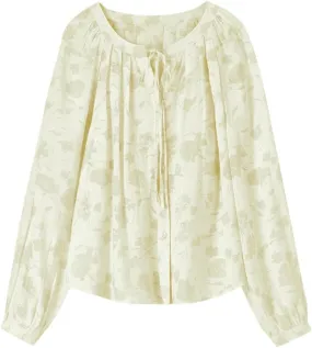 Women Tied Neck Blouse Elegant Lantern Long Sleeve Pullover Tops Crewneck Print Blouse Top