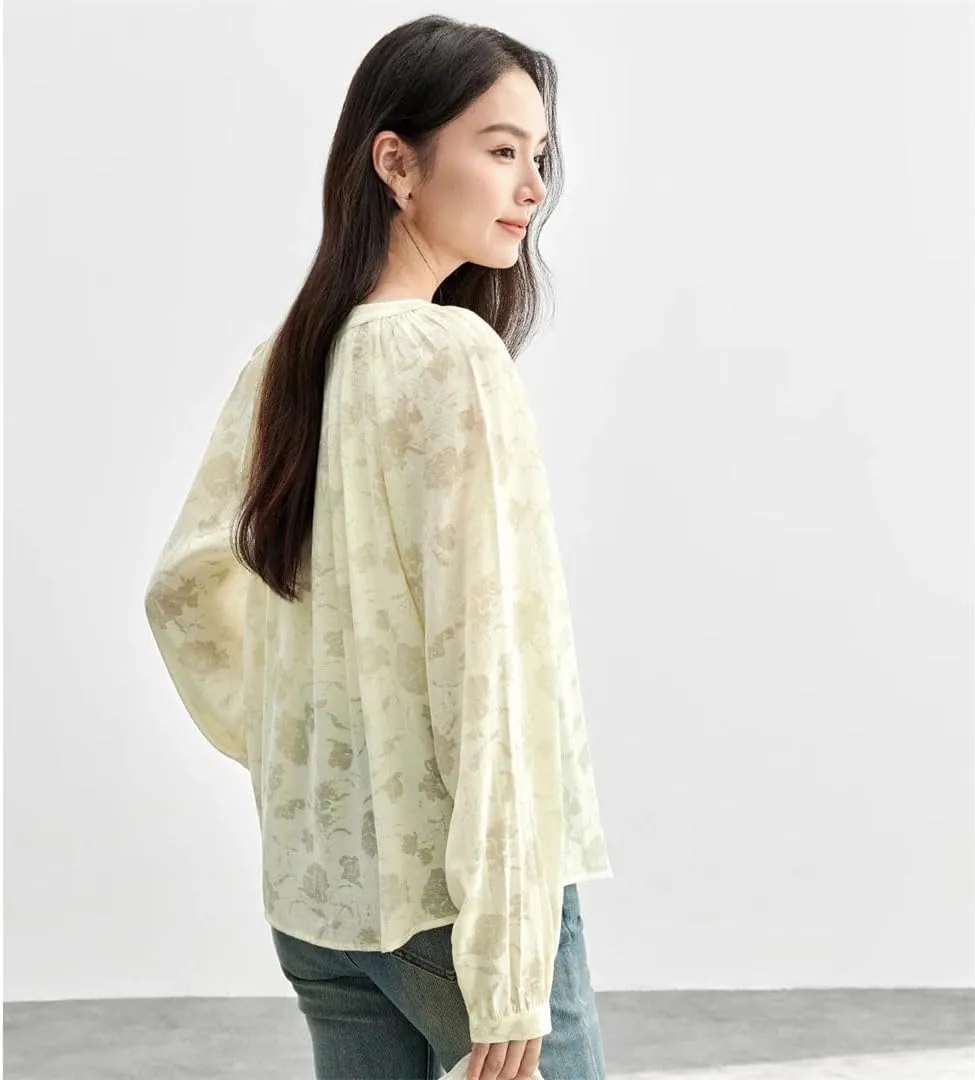 Women Tied Neck Blouse Elegant Lantern Long Sleeve Pullover Tops Crewneck Print Blouse Top