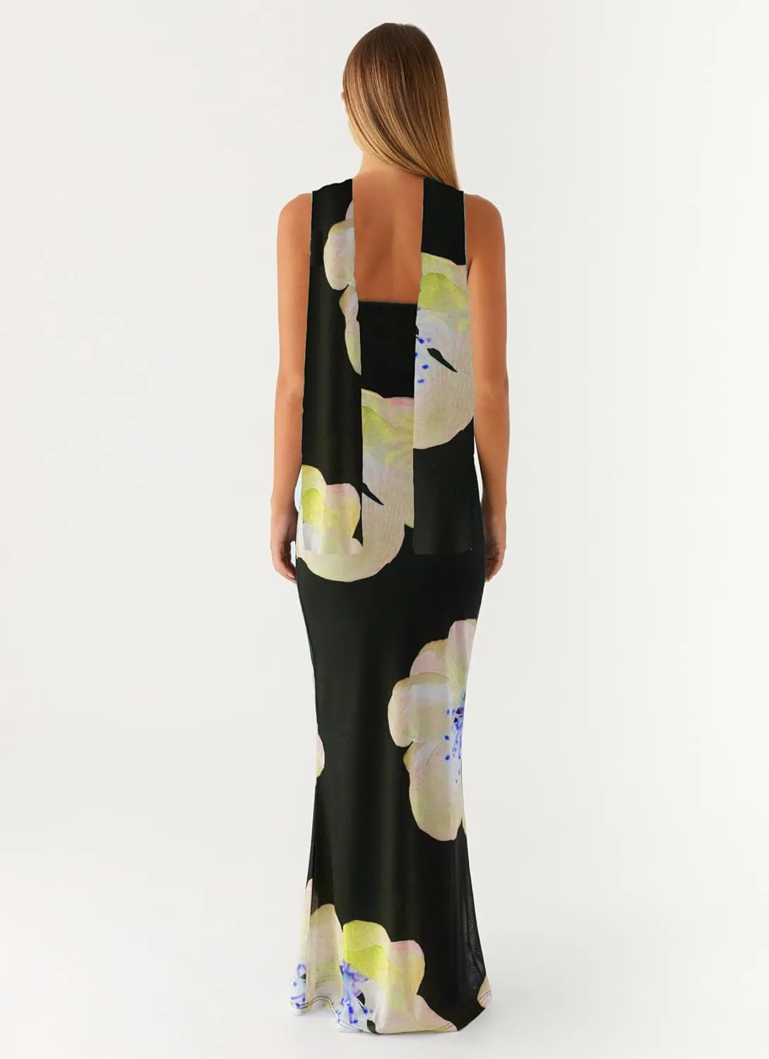 Women Y2k Strapless Floral Tube Maxi Dress with Neck Scarf Backless Mesh Bodycon Long Beach Cocktail Party Sundress