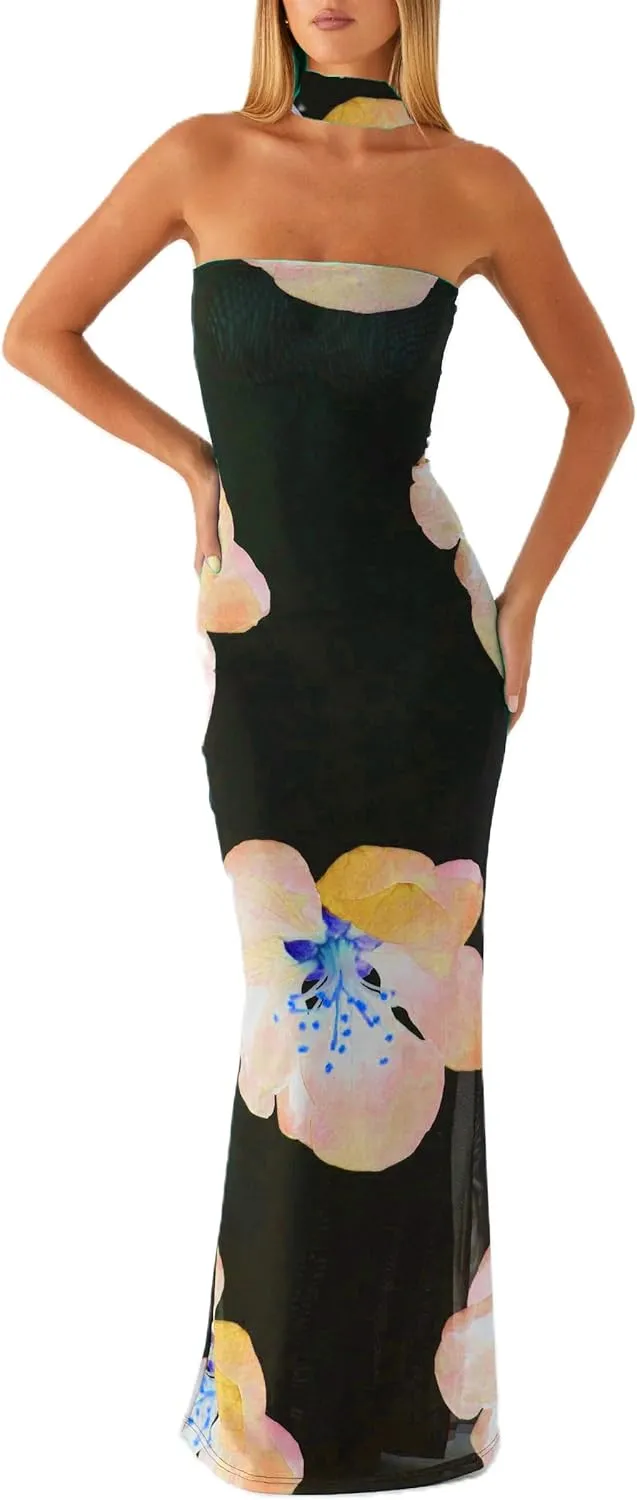 Women Y2k Strapless Floral Tube Maxi Dress with Neck Scarf Backless Mesh Bodycon Long Beach Cocktail Party Sundress