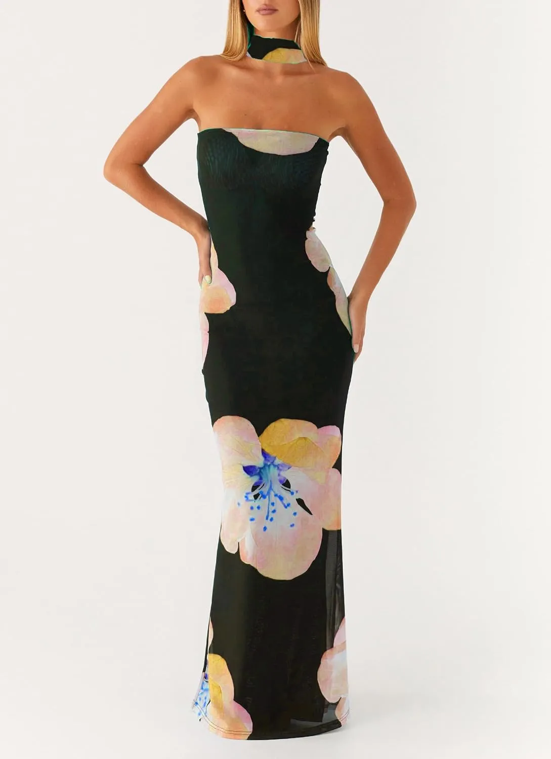 Women Y2k Strapless Floral Tube Maxi Dress with Neck Scarf Backless Mesh Bodycon Long Beach Cocktail Party Sundress