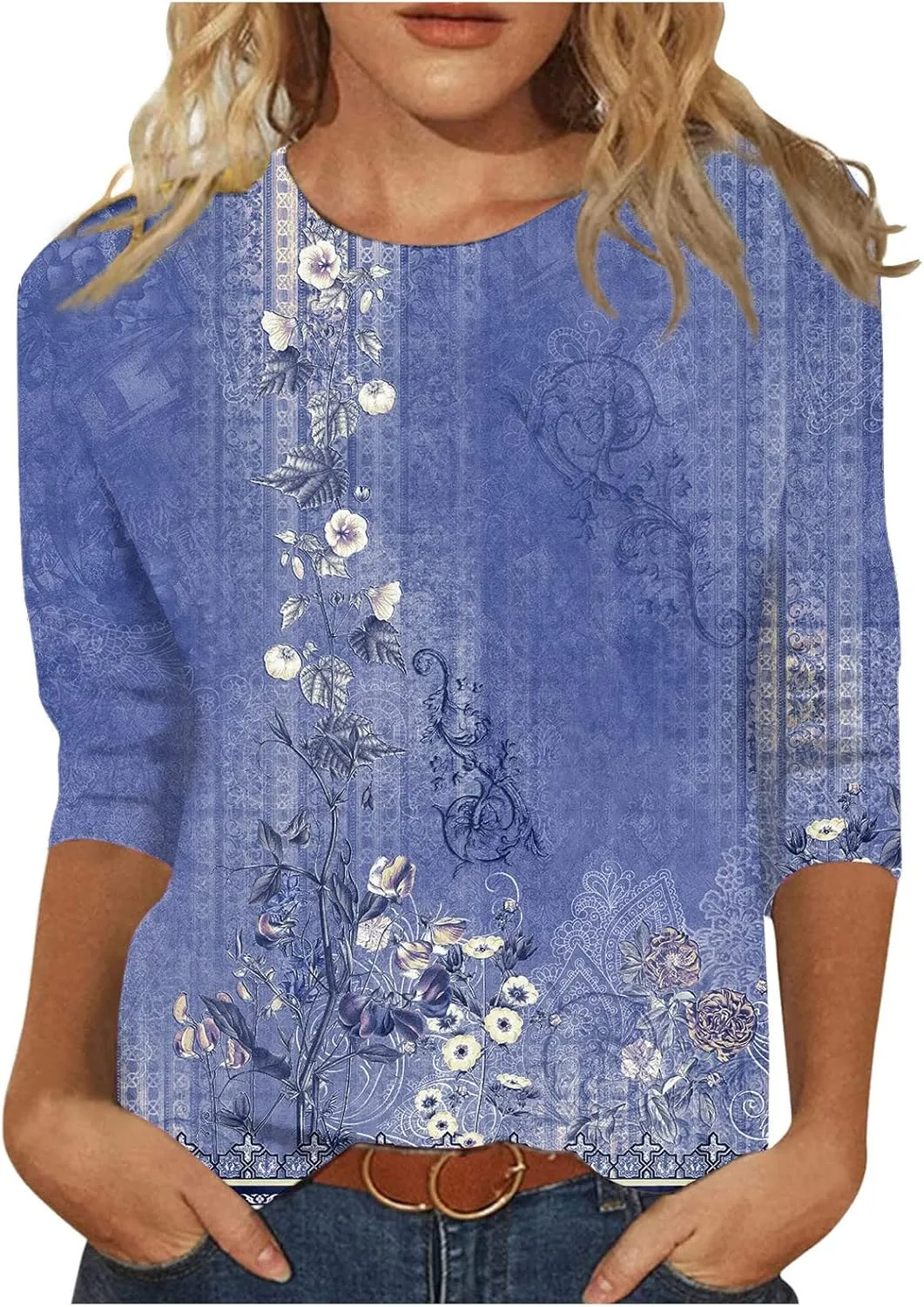Women's 3/4 Sleeve Tops Round Neck Solid Color Shirt Casual Trend T-Shirt Summer Pullover Basic Version Tops