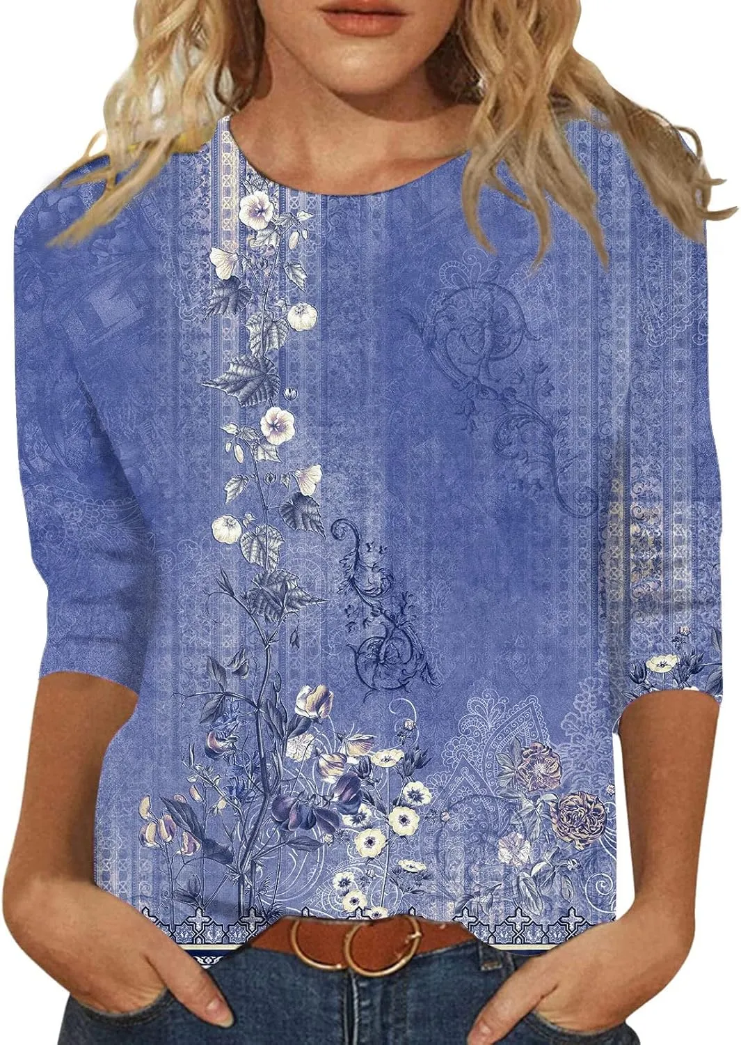 Women's 3/4 Sleeve Tops Round Neck Solid Color Shirt Casual Trend T-Shirt Summer Pullover Basic Version Tops