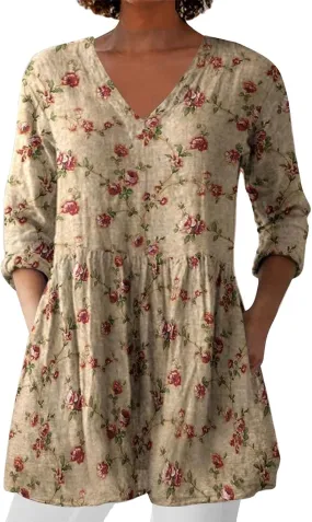 Women's 3/4 Sleeve Tops Trendy Summer V Neck Dress Floral Print Shirts Casual Vacation Blouses Loose Fit Outfits