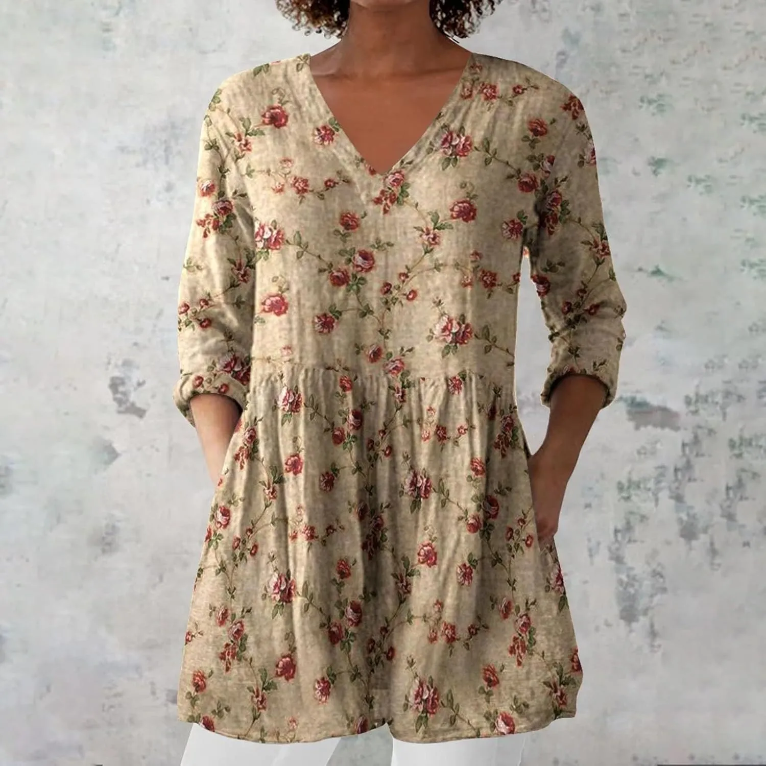 Women's 3/4 Sleeve Tops Trendy Summer V Neck Dress Floral Print Shirts Casual Vacation Blouses Loose Fit Outfits