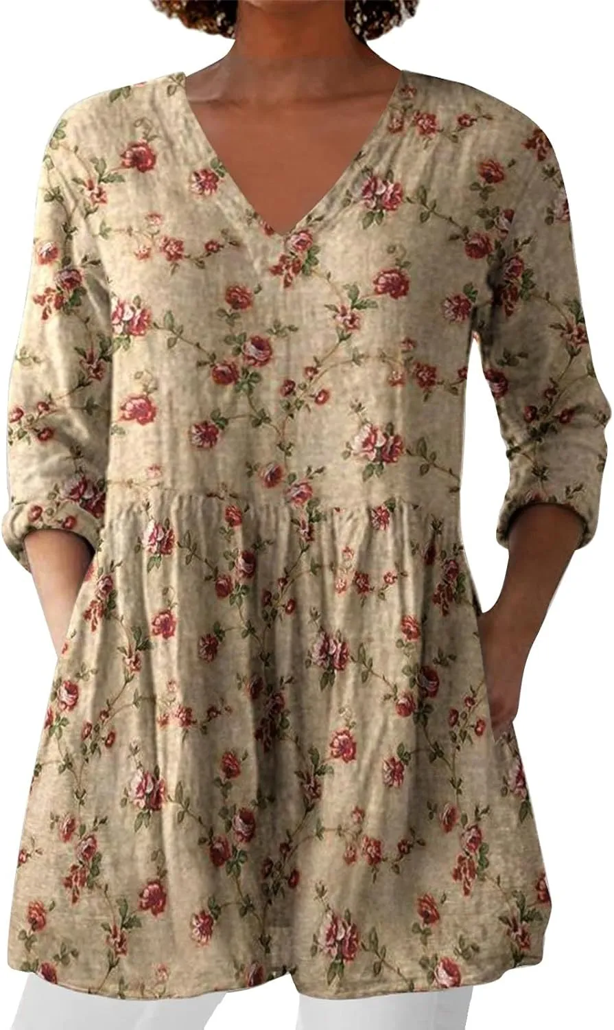 Women's 3/4 Sleeve Tops Trendy Summer V Neck Dress Floral Print Shirts Casual Vacation Blouses Loose Fit Outfits