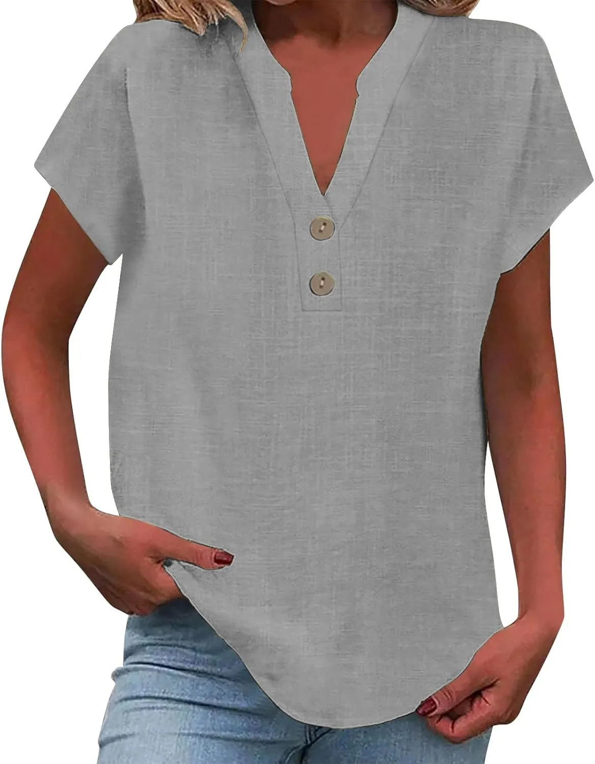 Women's Button Down Linen Shirt Short Sleeve V-Neck Tee Solid Color Casual Blouse Lightweight and Breathable Tops