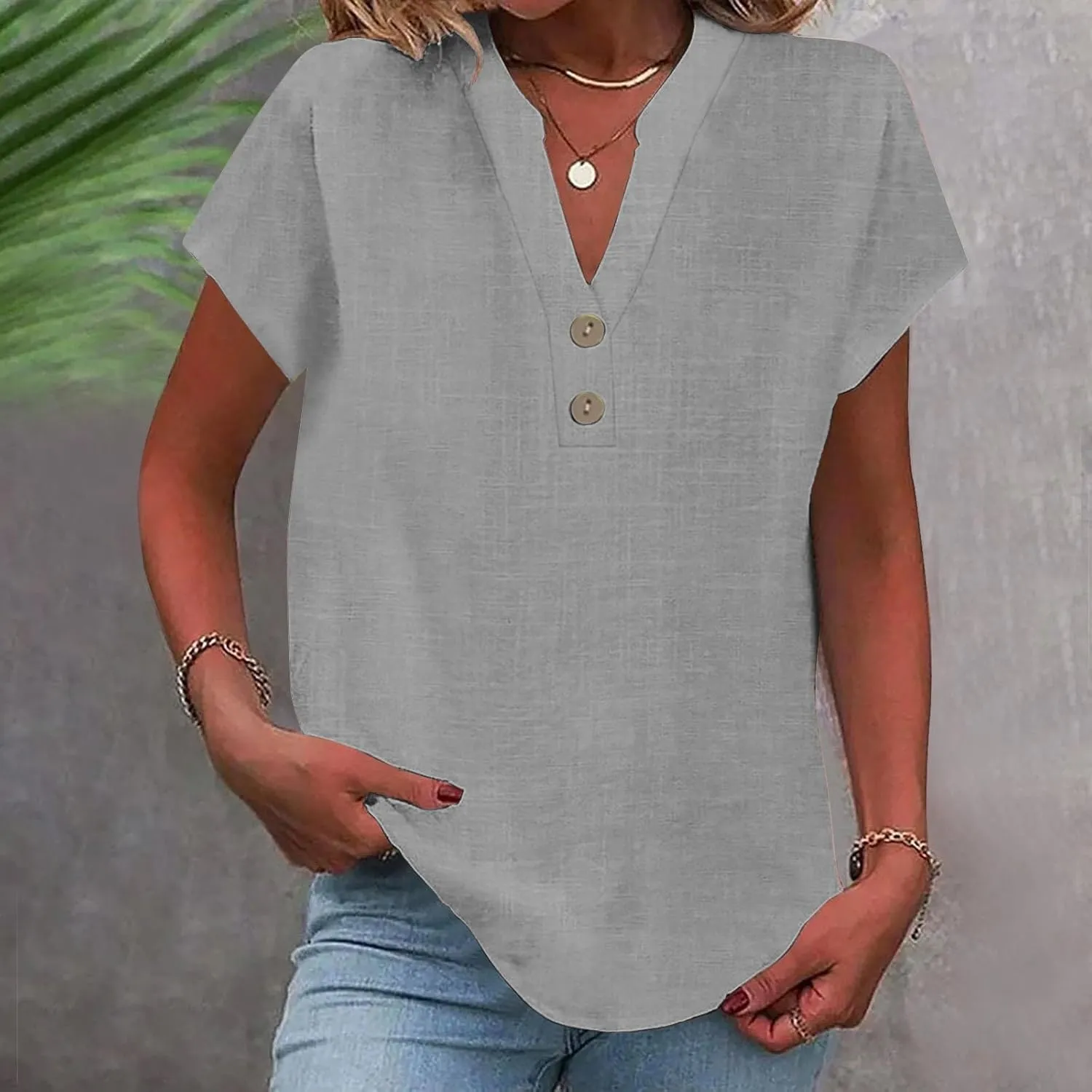 Women's Button Down Linen Shirt Short Sleeve V-Neck Tee Solid Color Casual Blouse Lightweight and Breathable Tops