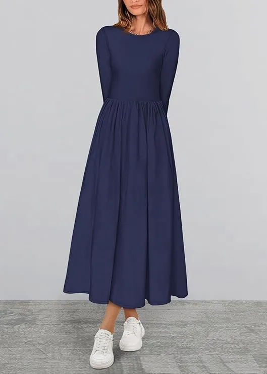 Women's Casual Fashion Waist Long Sleeve Bohemian Dress Flowy Beach Midi Dresses Party Wedding Guest Flowy Dress