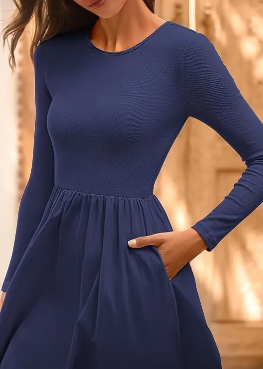 Women's Casual Fashion Waist Long Sleeve Bohemian Dress Flowy Beach Midi Dresses Party Wedding Guest Flowy Dress