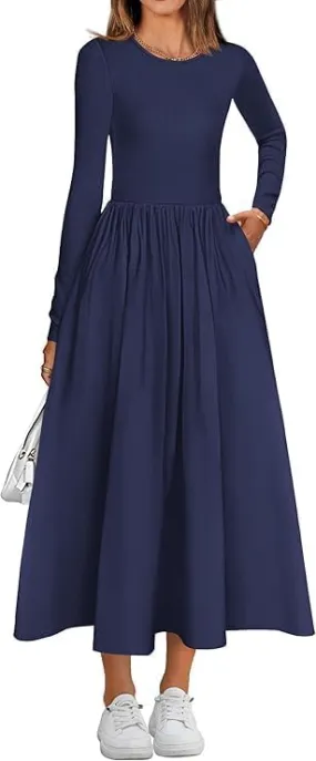 Women's Casual Fashion Waist Long Sleeve Bohemian Dress Flowy Beach Midi Dresses Party Wedding Guest Flowy Dress