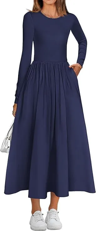 Women's Casual Fashion Waist Long Sleeve Bohemian Dress Flowy Beach Midi Dresses Party Wedding Guest Flowy Dress