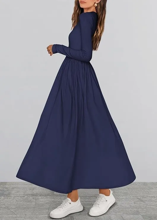 Women's Casual Fashion Waist Long Sleeve Bohemian Dress Flowy Beach Midi Dresses Party Wedding Guest Flowy Dress