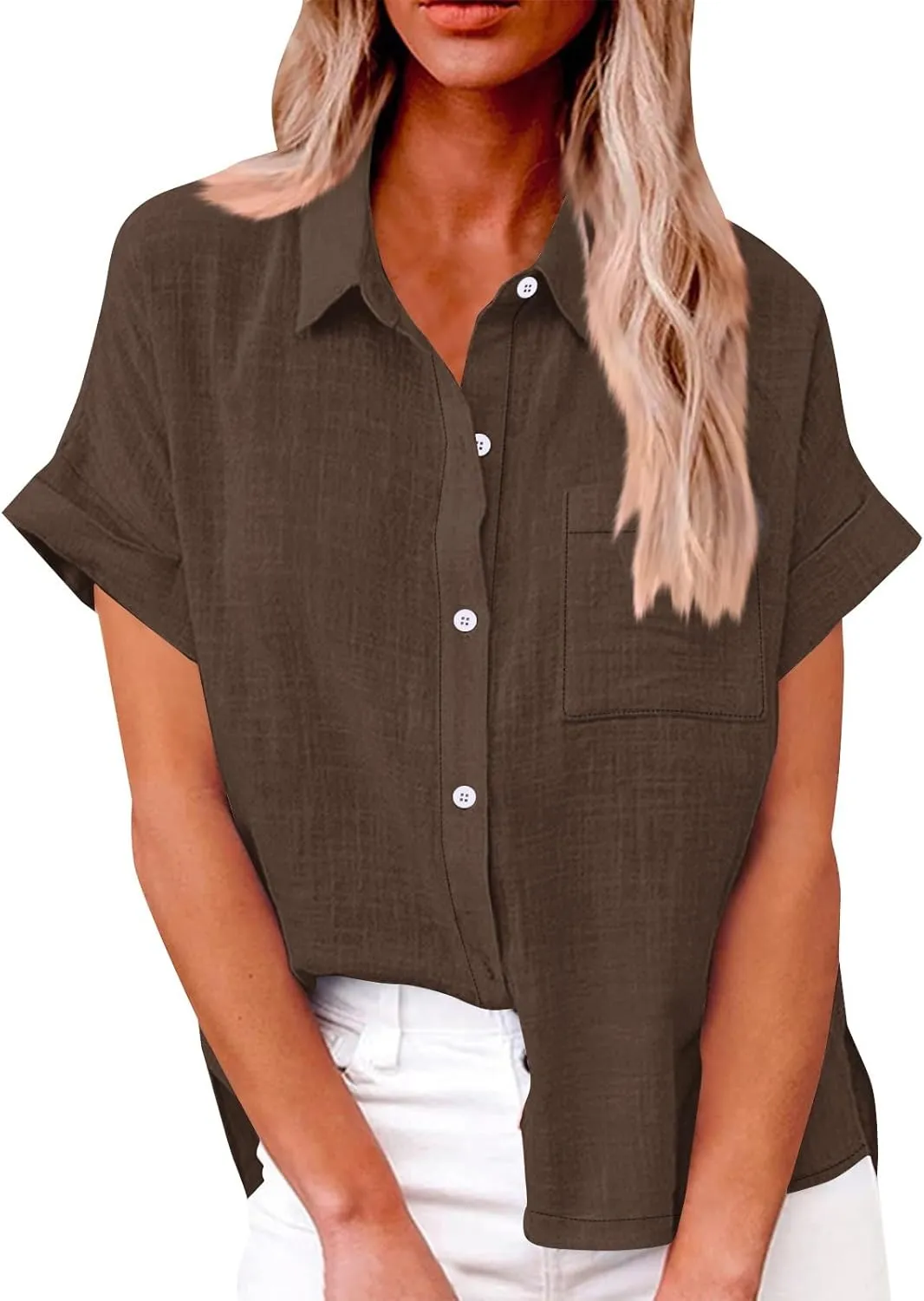 Womens Cotton Linen Button Down Shirt Summer Casual Short Sleeve Solid Color T Shirts Loose Work Tops with Pockets