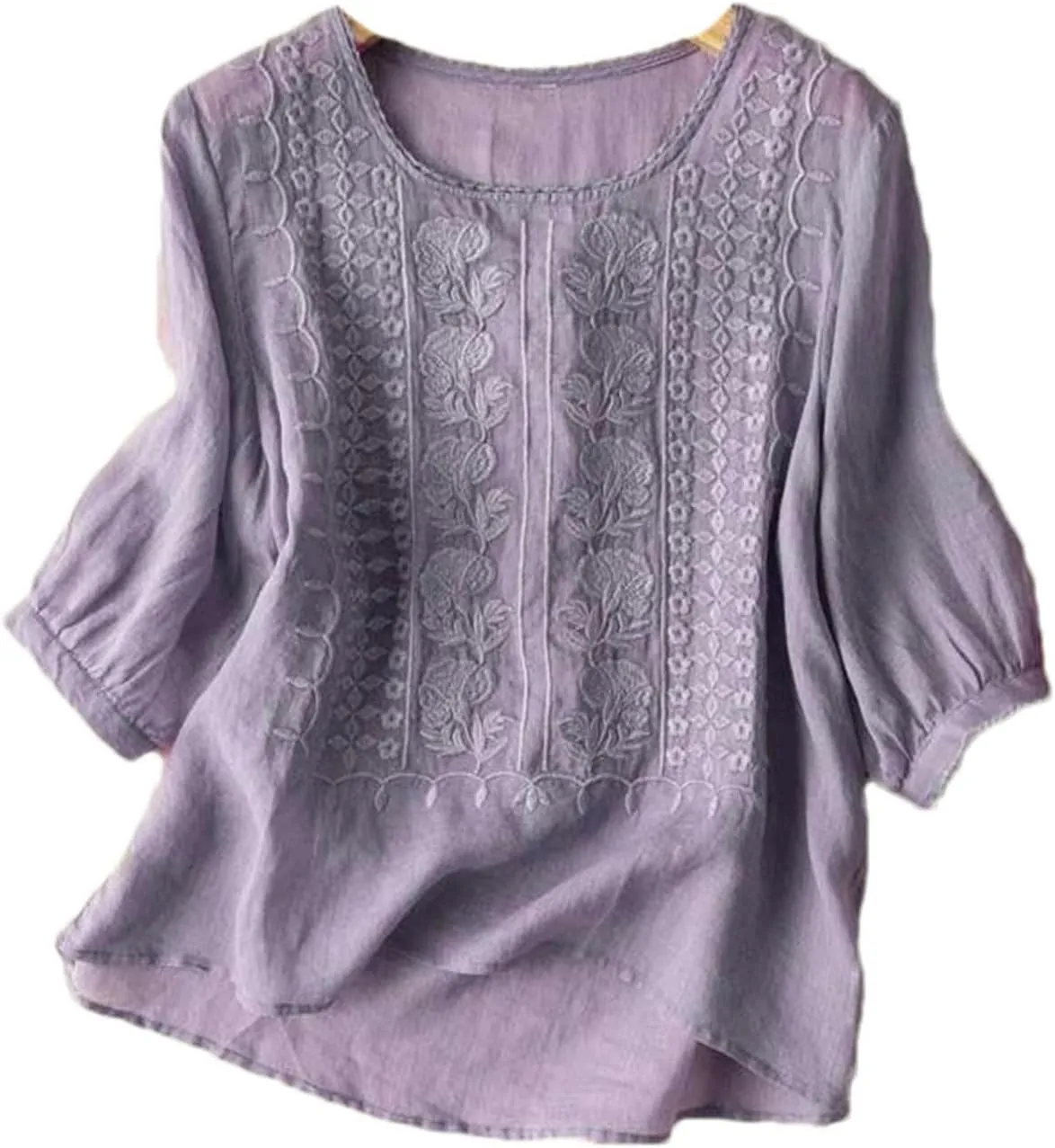 Women's Cotton Linen Thin Embroidered Summer Round Neck top Retro Breathable Puff Sleeve Short Sleeve T-Shirt