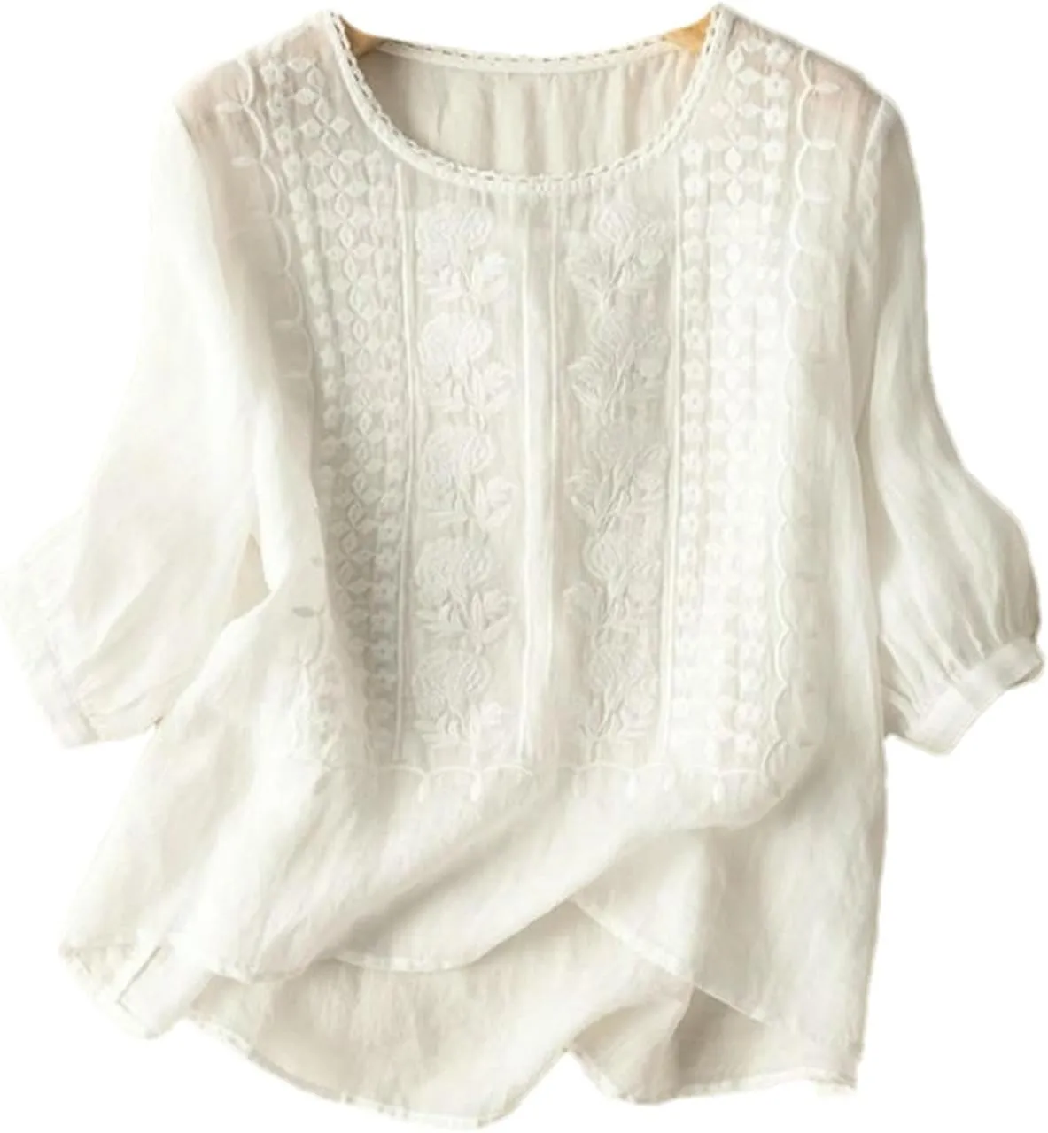 Women's Cotton Linen Thin Embroidered Summer Round Neck top Retro Breathable Puff Sleeve Short Sleeve T-Shirt
