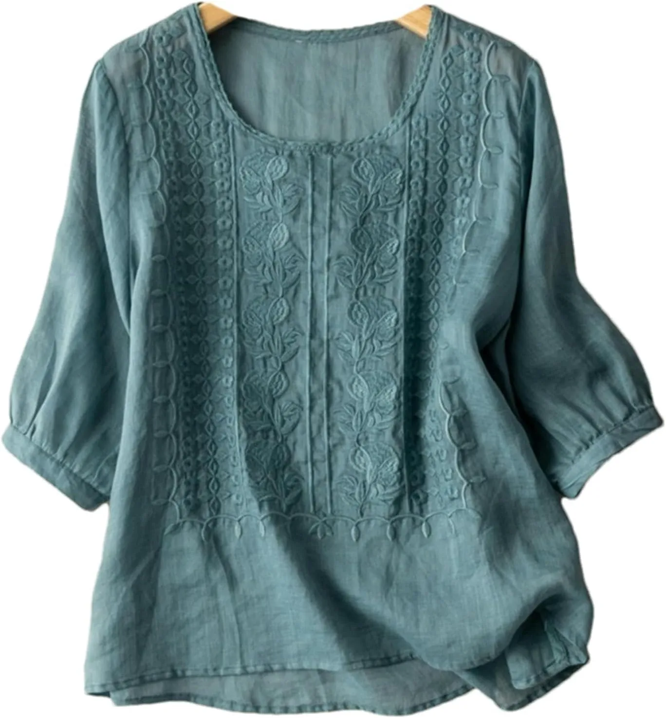 Women's Cotton Linen Thin Embroidered Summer Round Neck top Retro Breathable Puff Sleeve Short Sleeve T-Shirt