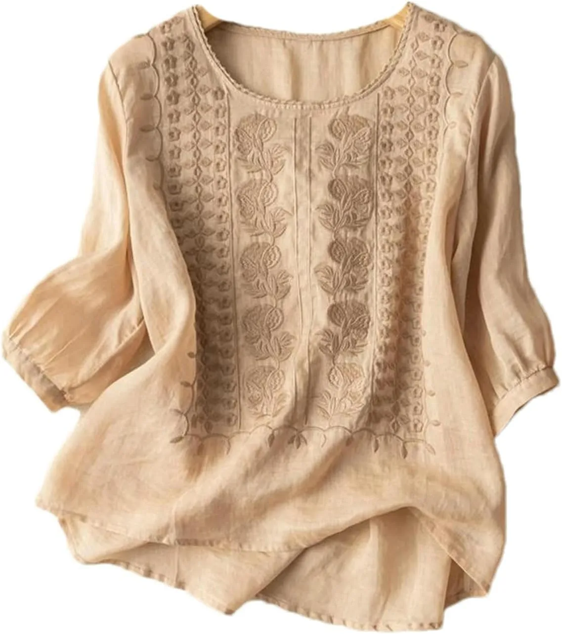 Women's Cotton Linen Thin Embroidered Summer Round Neck top Retro Breathable Puff Sleeve Short Sleeve T-Shirt