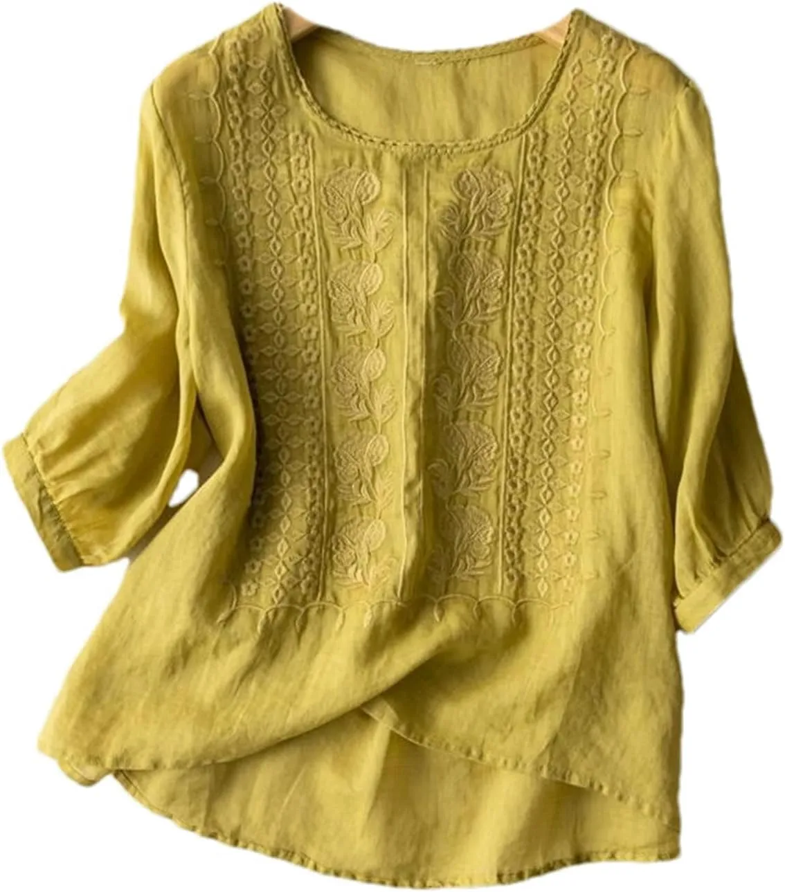 Women's Cotton Linen Thin Embroidered Summer Round Neck top Retro Breathable Puff Sleeve Short Sleeve T-Shirt