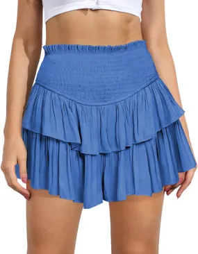 Women's Cute High Waist Ruffle Mini Skirt Layered Ruffle Hem Flared Flowy Casual Swing Beach Mini Short Skirt