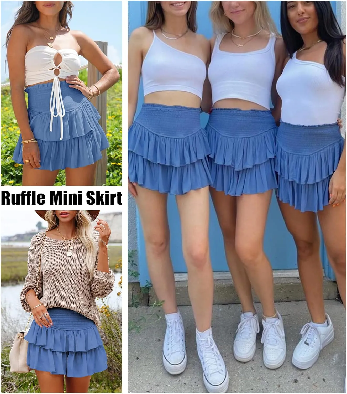 Women's Cute High Waist Ruffle Mini Skirt Layered Ruffle Hem Flared Flowy Casual Swing Beach Mini Short Skirt