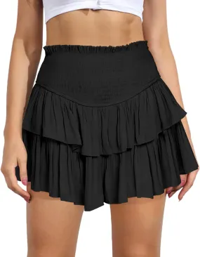 Women's Cute High Waist Ruffle Mini Skirt Layered Ruffle Hem Flared Flowy Casual Swing Beach Mini Short Skirt