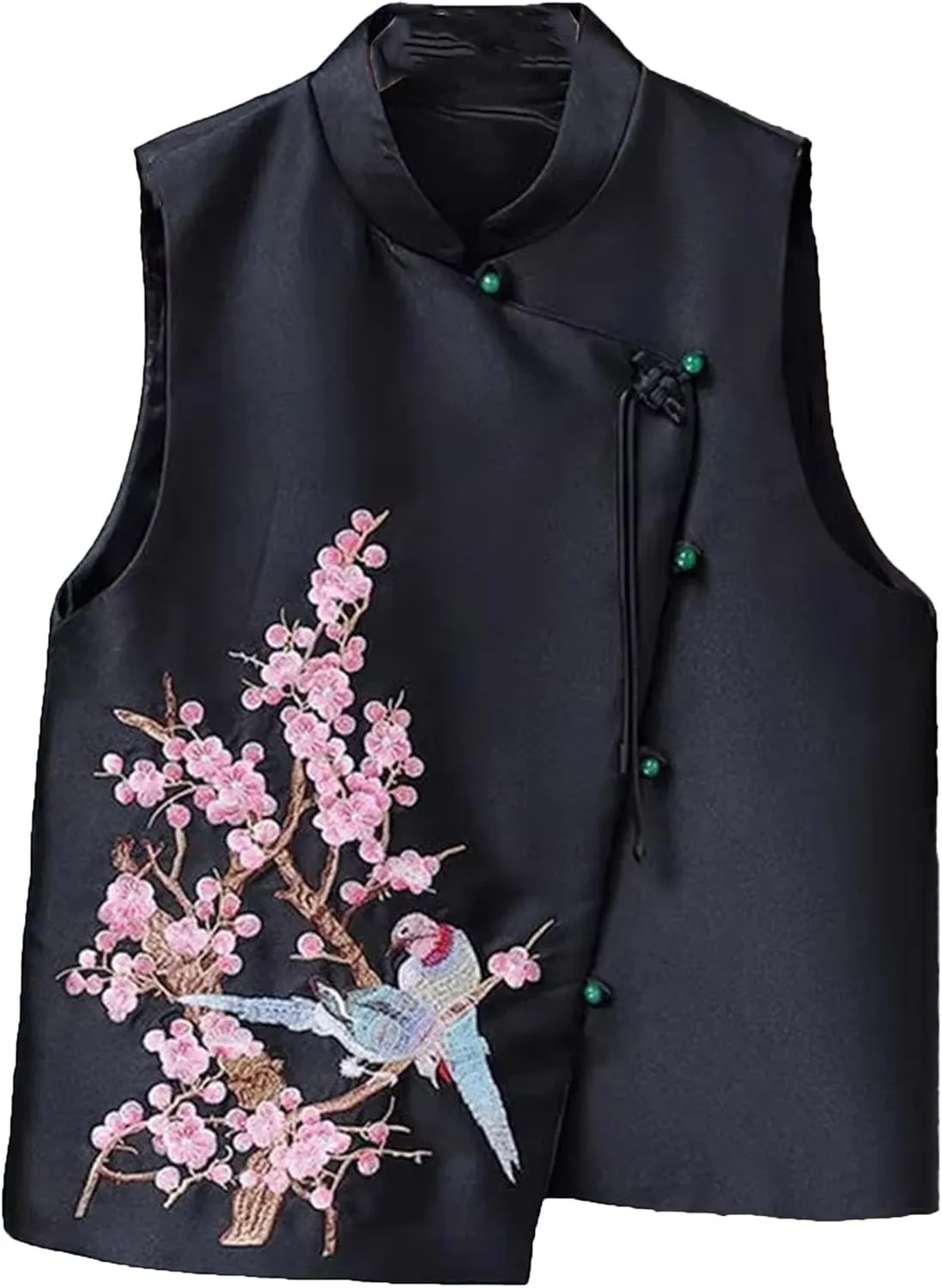 Women's Elegant Satin Blouse for Wedding Guest Breathable Sleeveless Mandarin Collar Asymmetric Embroidered Vest