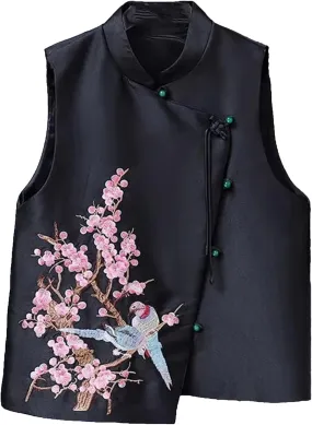 Women's Elegant Satin Blouse for Wedding Guest Breathable Sleeveless Mandarin Collar Asymmetric Embroidered Vest