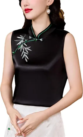 Women's Embroidered Satin Shirt Sleeveless Mandarin Collar Button-Down Blouse Breathable Wedding Guest Outfit