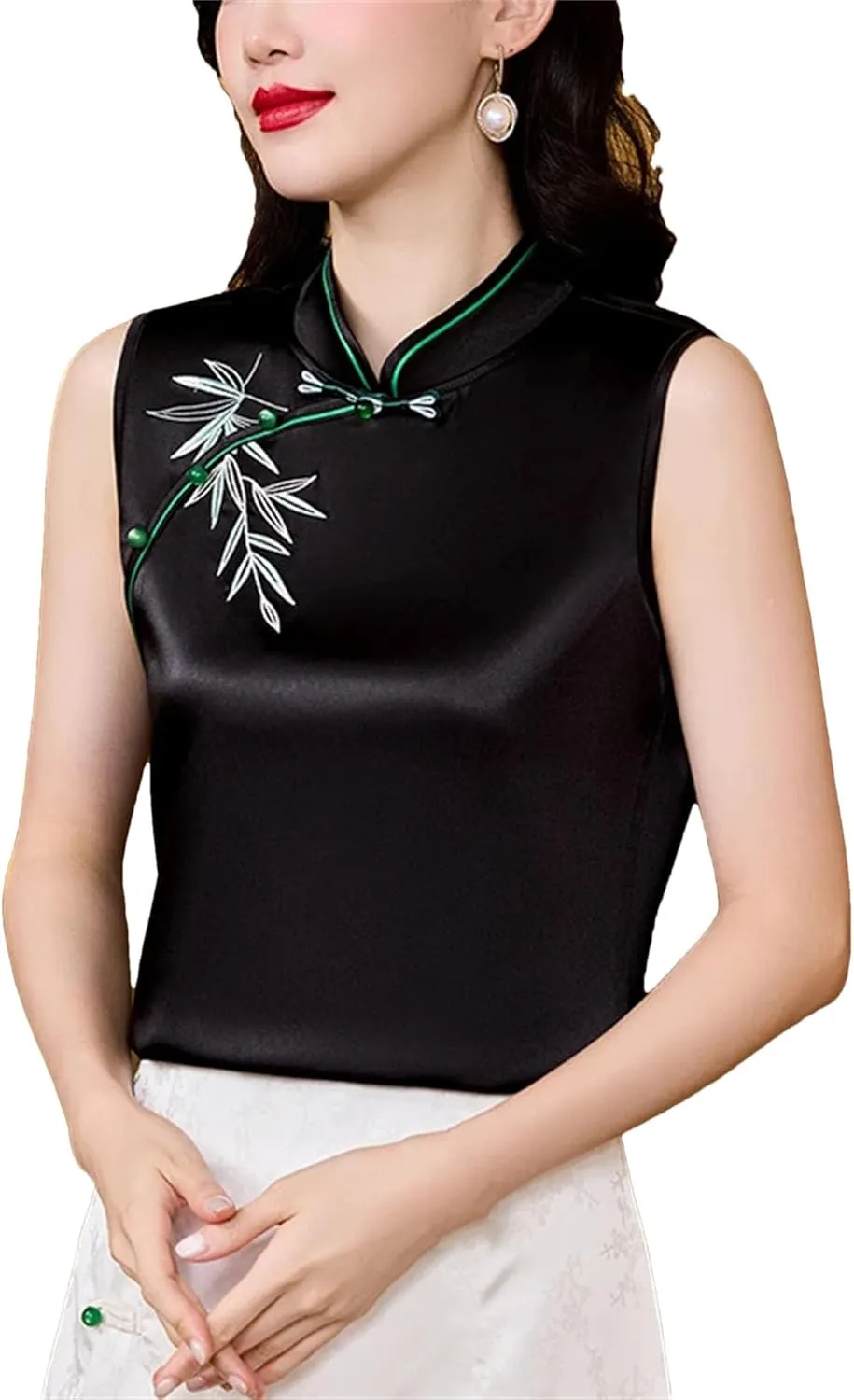 Women's Embroidered Satin Shirt Sleeveless Mandarin Collar Button-Down Blouse Breathable Wedding Guest Outfit