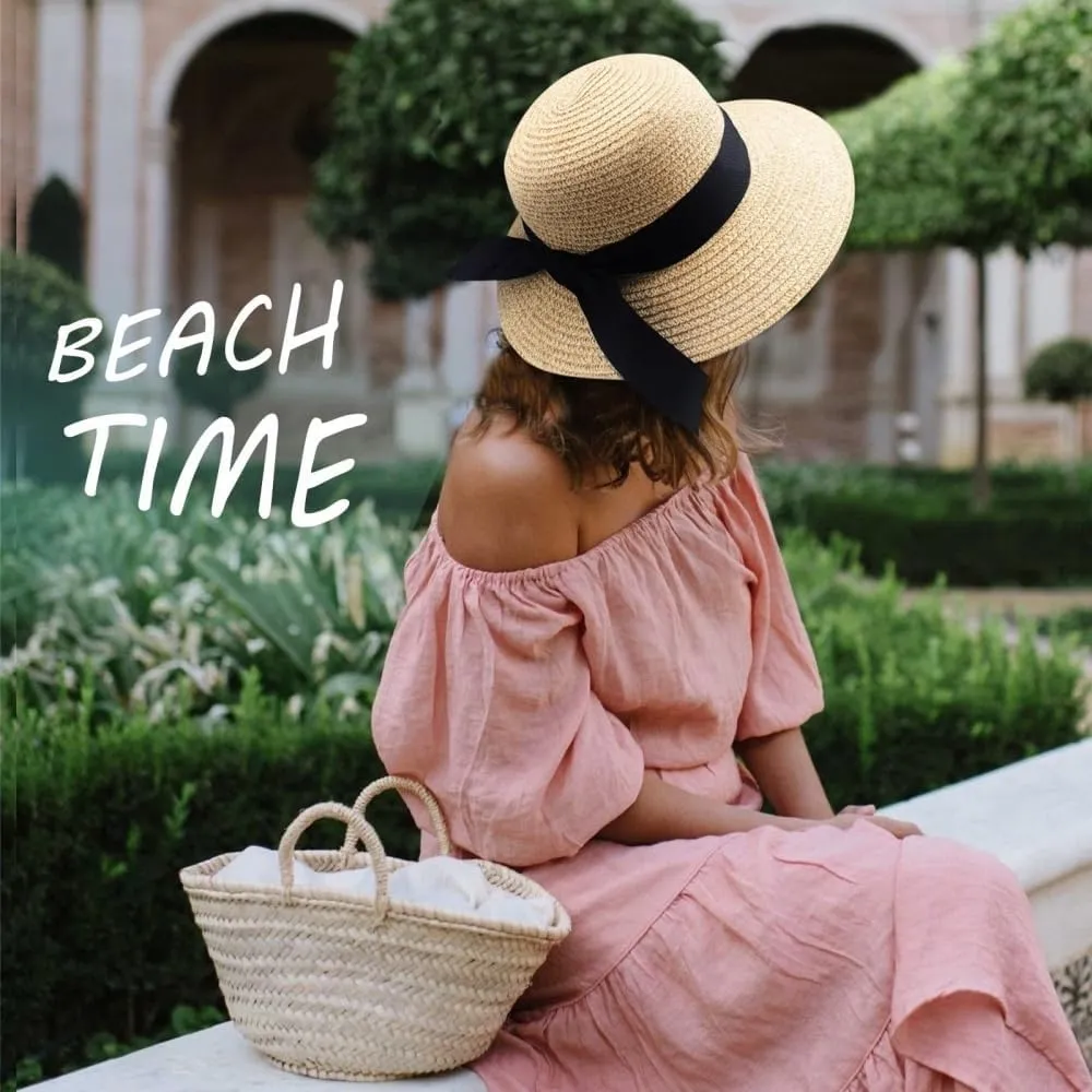 Womens Floppy Beach Sun Straw Hat Foldable Travel Wide Brim Summer Bucket Hat UPF 50 