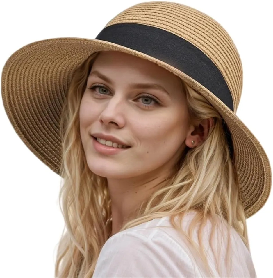 Womens Floppy Beach Sun Straw Hat Foldable Travel Wide Brim Summer Bucket Hat UPF 50 
