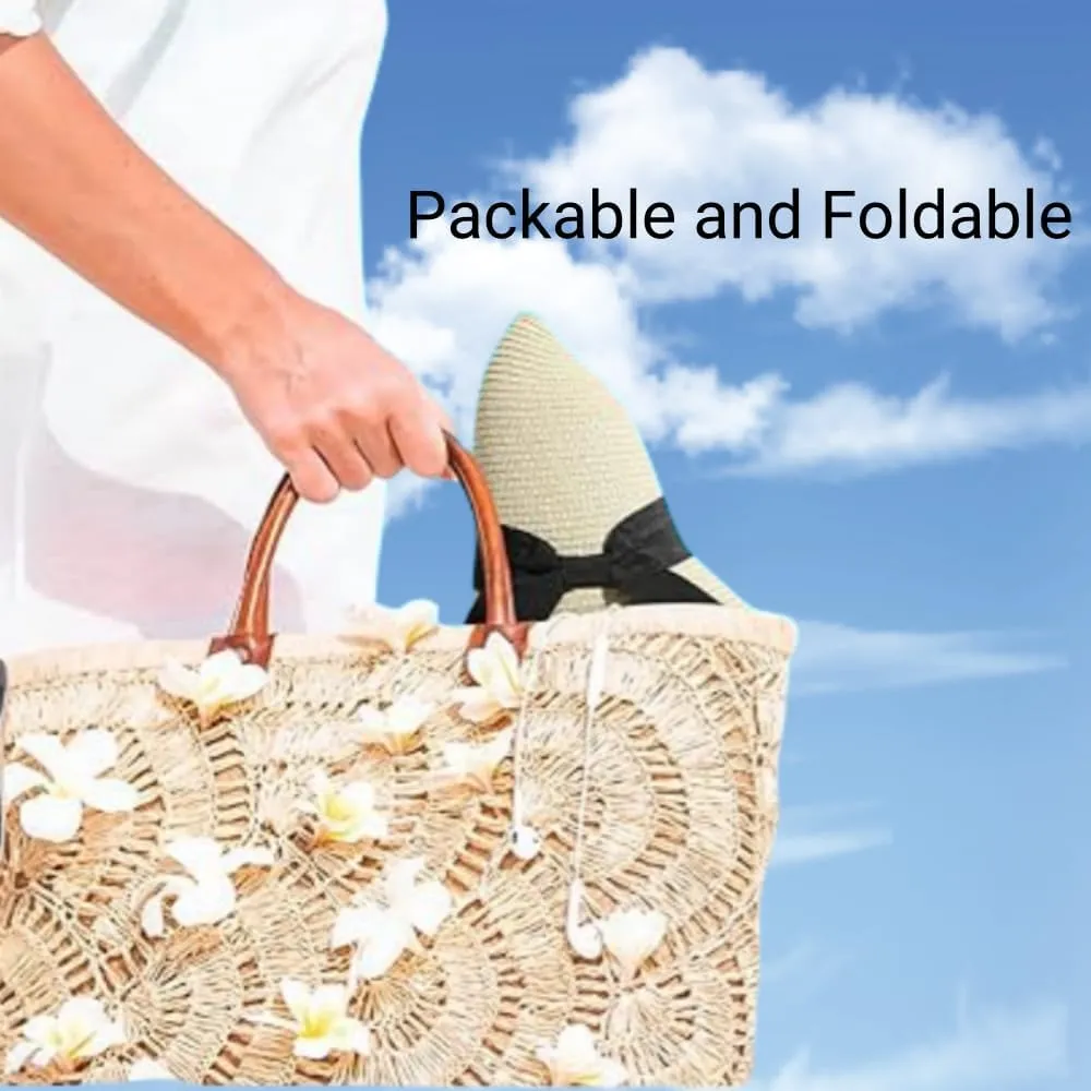 Womens Floppy Beach Sun Straw Hat Foldable Travel Wide Brim Summer Bucket Hat UPF 50 