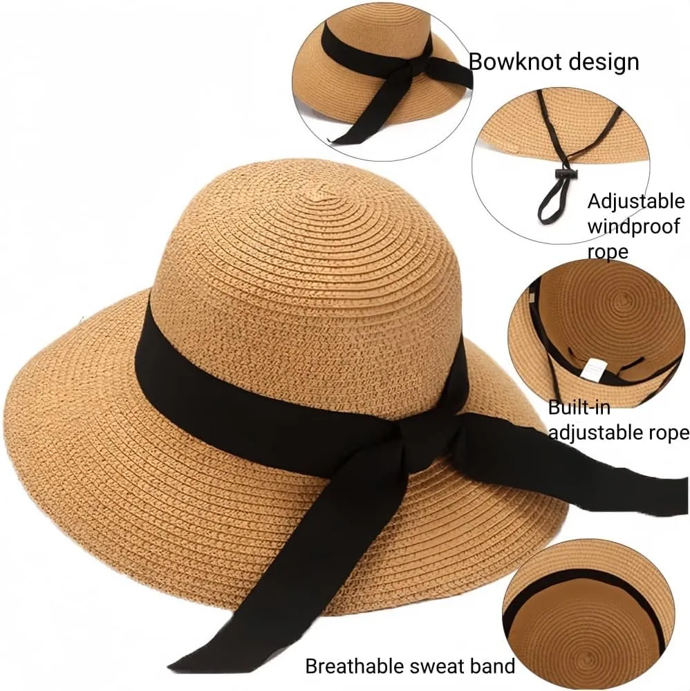 Womens Floppy Beach Sun Straw Hat Foldable Travel Wide Brim Summer Bucket Hat UPF 50 