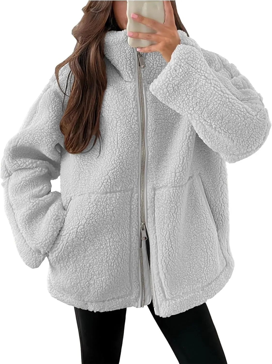 Women's Fuzzy Fleece Jacket Soft Cozy Solid Zip Up Sherpa Coats Fall Winter Trendy Warm Plush Outwear with Pockets