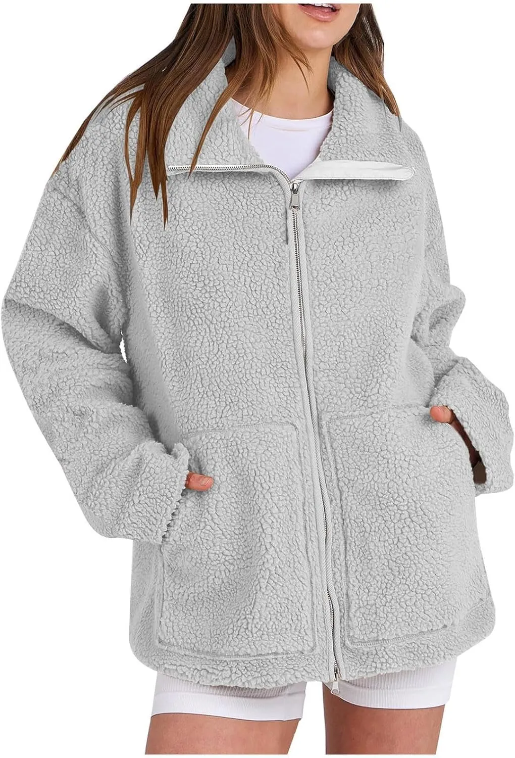 Women's Fuzzy Fleece Jacket Soft Cozy Solid Zip Up Sherpa Coats Fall Winter Trendy Warm Plush Outwear with Pockets