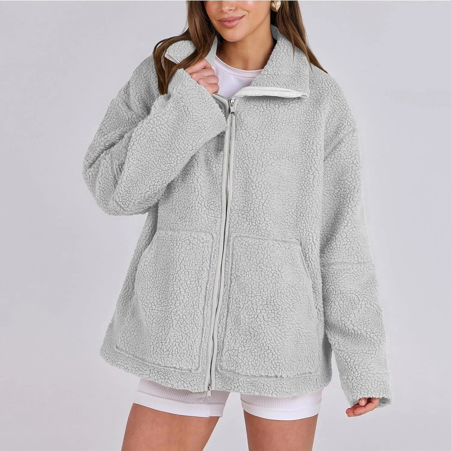 Women's Fuzzy Fleece Jacket Soft Cozy Solid Zip Up Sherpa Coats Fall Winter Trendy Warm Plush Outwear with Pockets