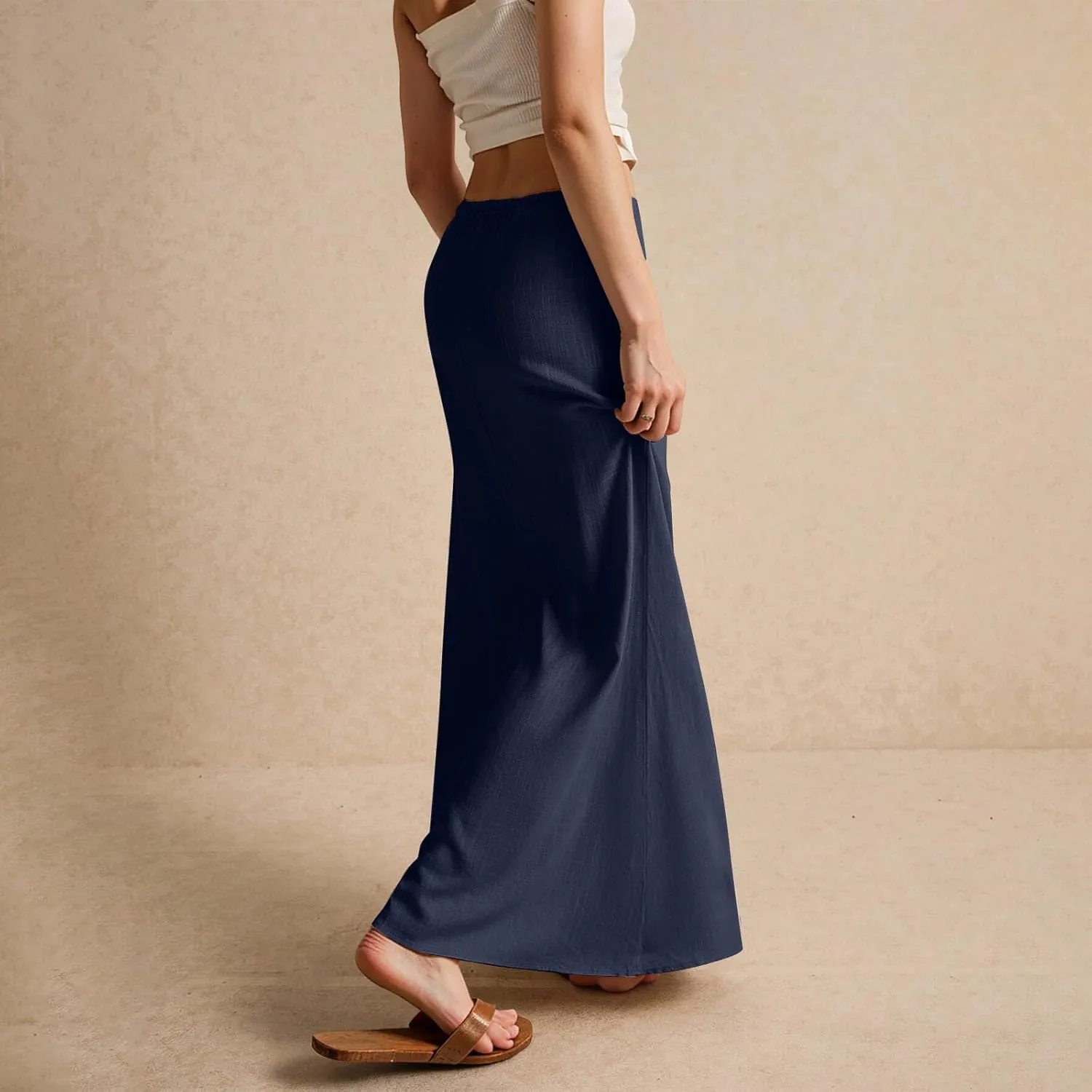 Womens Linen Maxi Skirt Drawstring Low Rise Long Skirts, Summer Trendy Flowy Boho A-Line Flowy Ruffle Elastic Waist Skirts