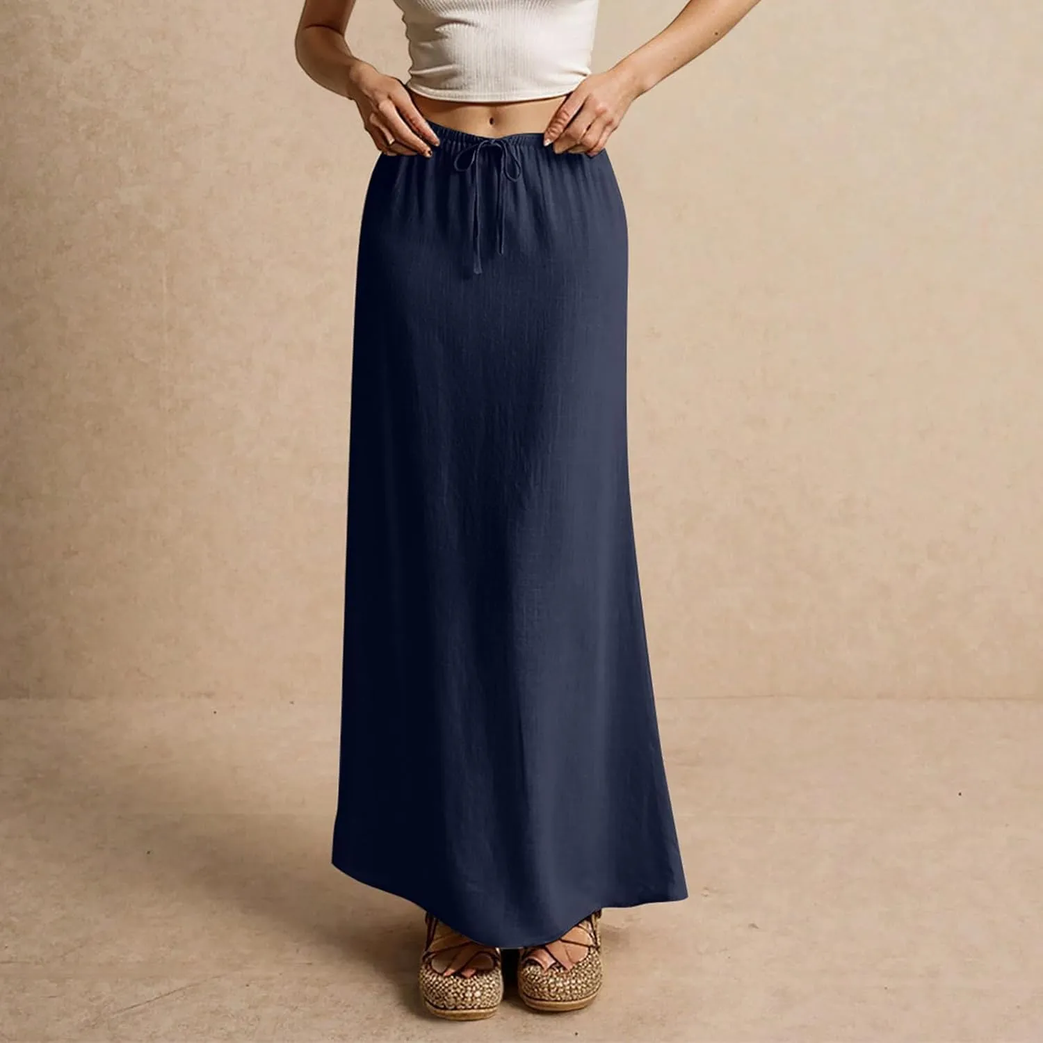 Womens Linen Maxi Skirt Drawstring Low Rise Long Skirts, Summer Trendy Flowy Boho A-Line Flowy Ruffle Elastic Waist Skirts