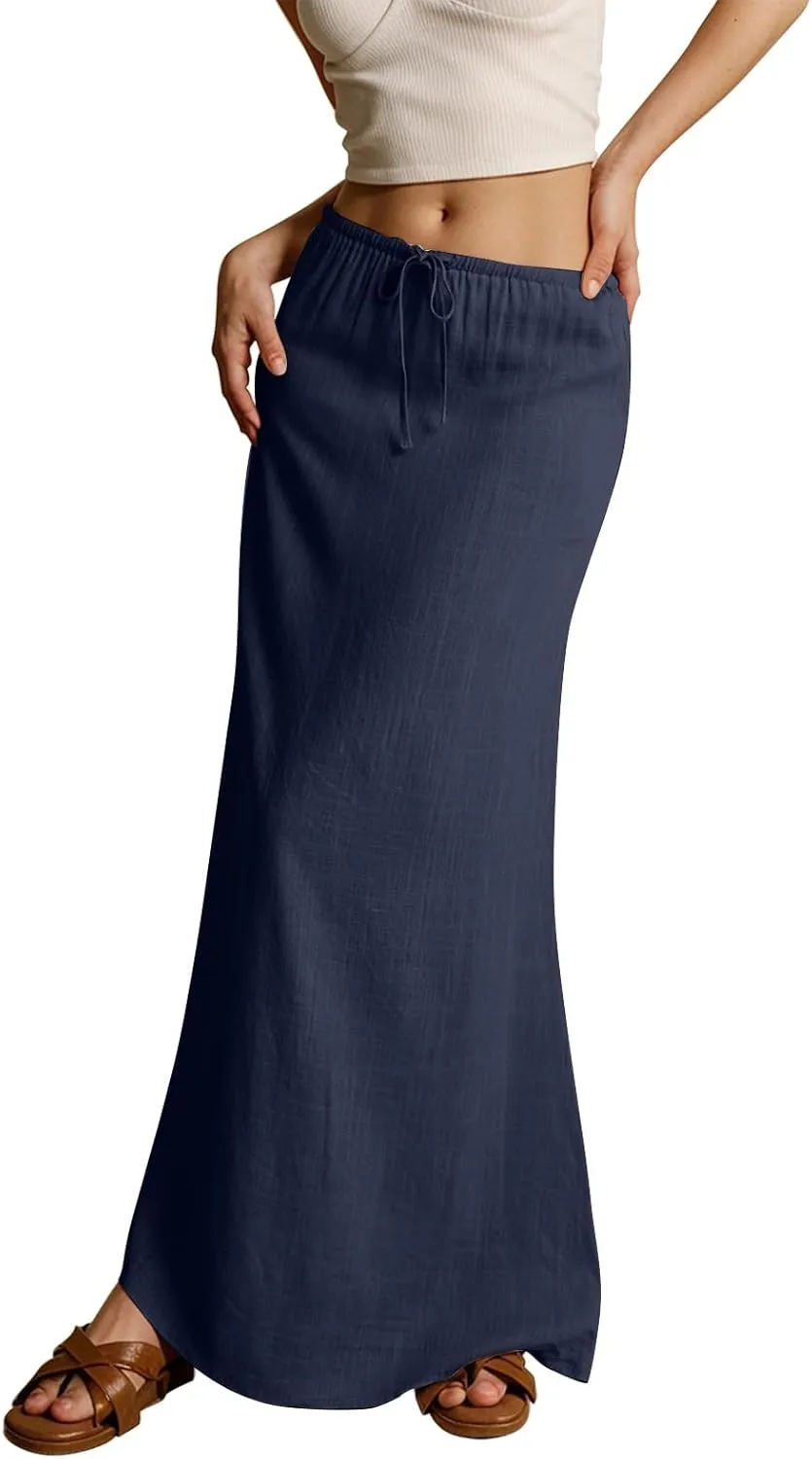 Womens Linen Maxi Skirt Drawstring Low Rise Long Skirts, Summer Trendy Flowy Boho A-Line Flowy Ruffle Elastic Waist Skirts