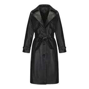 Women's Long Loose PU Leather Coat with Classic Lapel Belted Trench Coat