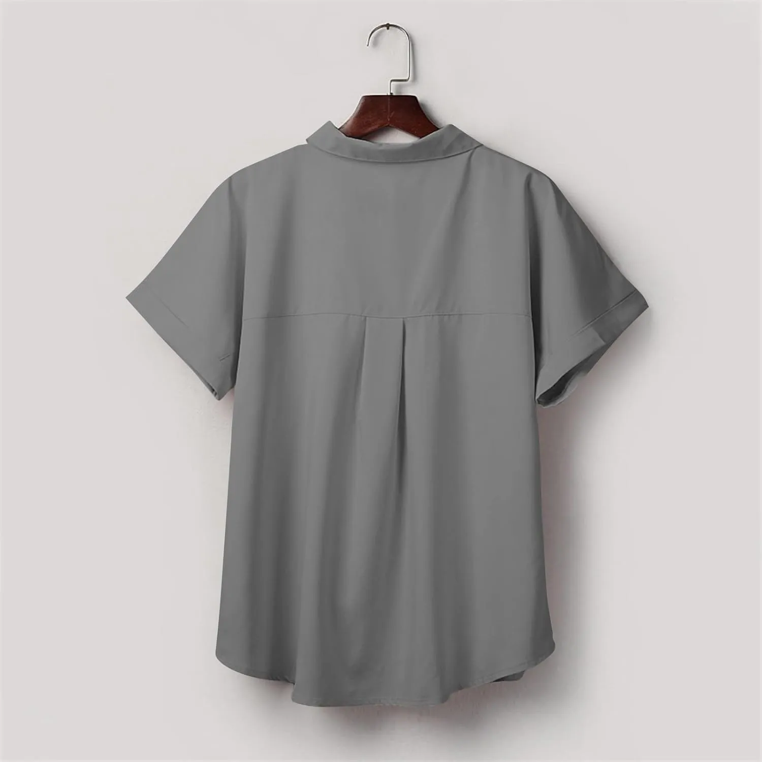 Womens Short Sleeve Tops V Neck Collared Button Down Shirt Oversized Summer Beach Tops with Pocket Solid Basic Blouse
