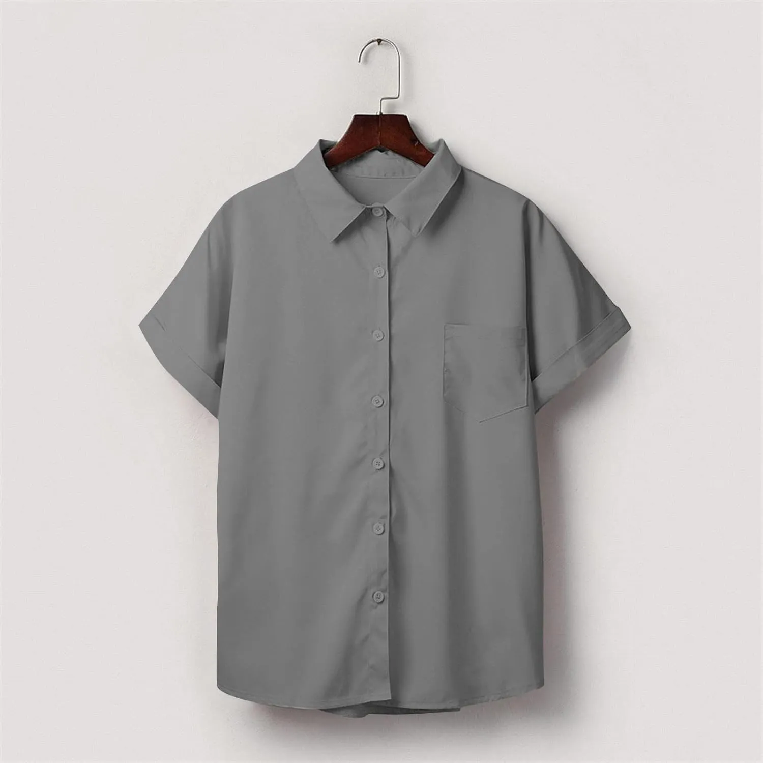 Womens Short Sleeve Tops V Neck Collared Button Down Shirt Oversized Summer Beach Tops with Pocket Solid Basic Blouse