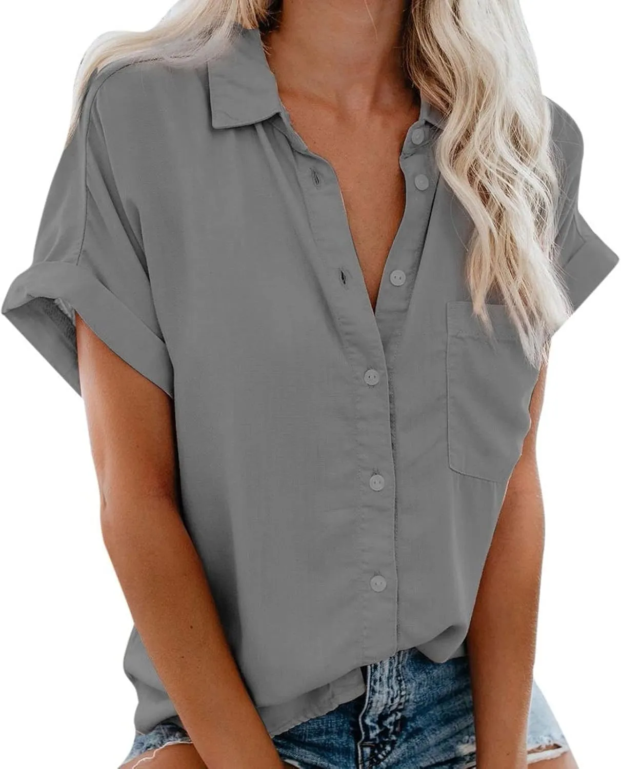 Womens Short Sleeve Tops V Neck Collared Button Down Shirt Oversized Summer Beach Tops with Pocket Solid Basic Blouse