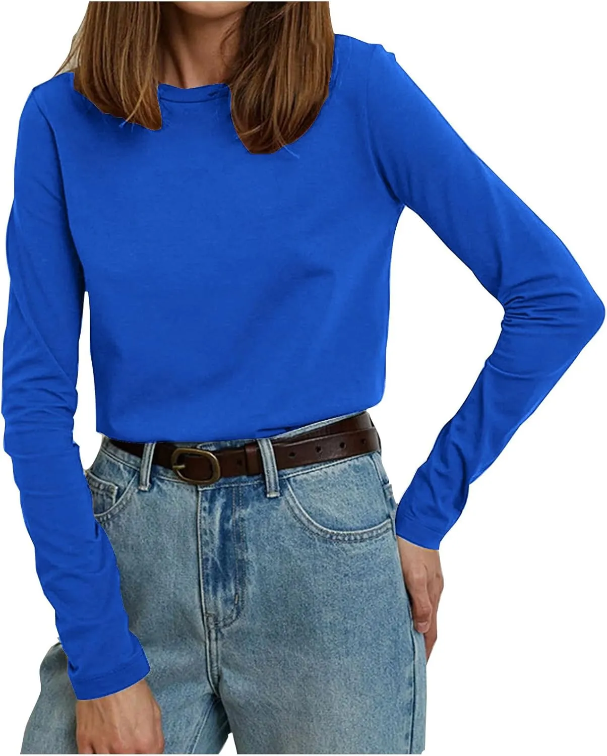 Women's Solid Color Tunic Tops Casual Long Sleeve Shirts Round Neck Pullover Loose Breathable Base Layer Blouse