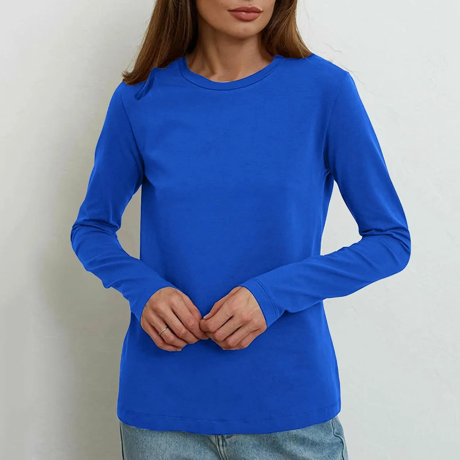 Women's Solid Color Tunic Tops Casual Long Sleeve Shirts Round Neck Pullover Loose Breathable Base Layer Blouse